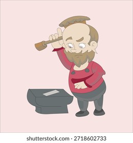 Bearded man hitting an anvil with a hammer, metalworking concept