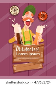 Bearded Man Hold Beer Glasses Oktoberfest Festival Banner Flat Vector Illustration