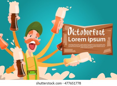 Bearded Man Hold Beer Glasses Oktoberfest Festival Banner Flat Vector Illustration