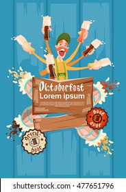 Bearded Man Hold Beer Glasses Oktoberfest Festival Banner Flat Vector Illustration