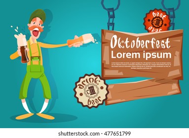 Bearded Man Hold Beer Glasses Oktoberfest Festival Banner Flat Vector Illustration