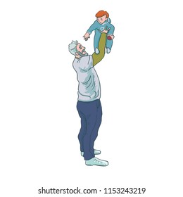 Bearded man holding a baby. Grandfather play with his grandchild. Father and kid spends time together. Cute cartoon characters isolated on white background. Colorful vector illustration 