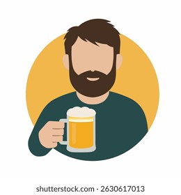 Bearded man holding beer, flat illustration.

