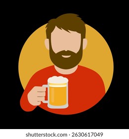 Bearded man holding beer, flat illustration.
