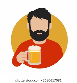 Bearded man holding beer, flat illustration.
