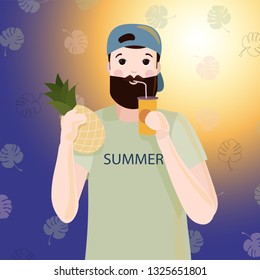 Bearded man is holding a beverage. Vector illustration in cartoon style. Summer hot days. 