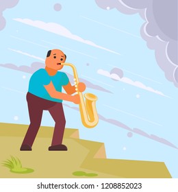 Bearded man holding big fish. Vector illustration in flat style. Fishing hobby concept design element.