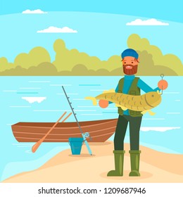 Bearded man holding big fish. Vector illustration in flat style. Fishing hobby concept design element.