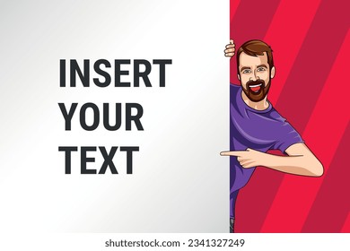 bearded man holding a billboard, vectorized illustration, blank billboard to include text or design