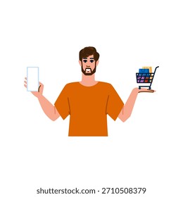 Hombre barbudo sosteniendo un smartphone de pantalla en blanco en una mano y un Carrito de compras en miniatura lleno de compras en la otra, simbolizando el comercio electrónico móvil y el consumismo digital
