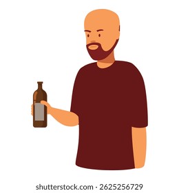 Bearded man is holding a bottle of beer, illustrating the concept of alcoholism