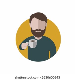 Bearded man holding coffee cup, flat illustration.