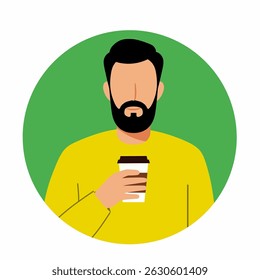 Bearded man holding coffee cup, flat illustration.