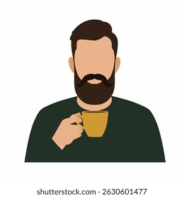 Bearded man holding coffee cup, flat illustration.