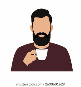Bearded man holding coffee cup, flat illustration.