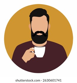 Bearded man holding coffee cup, flat illustration.
