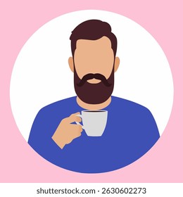 Bearded man holding coffee cup, flat illustration.