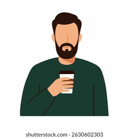 Bearded man holding coffee cup, flat illustration.