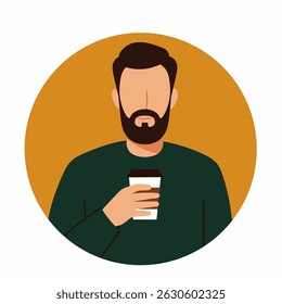 Bearded man holding coffee cup, flat illustration.