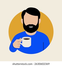 Bearded man holding coffee cup, flat illustration.