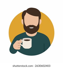 Bearded man holding coffee cup, flat illustration.