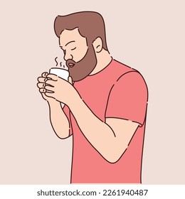Bearded man is holding a cup of coffee or tea. Vector illustration.