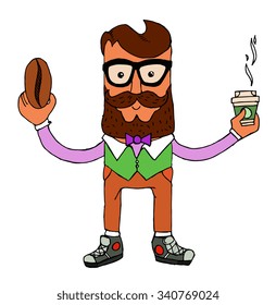 Bearded man holding a cup of coffee and coffee bean.