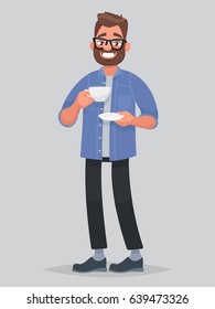 Bearded man is holding a cup of tea. Vector illustration in cartoon style