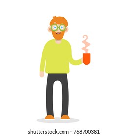Bearded man is holding a cup of tea. Vector