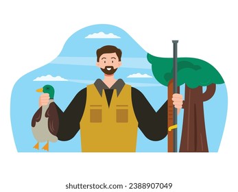 Hombre con barba sostiene un pato muerto como su blanco de disparos, cazador en el bosque. Diseño de caracteres. Ilustración plana del vector
