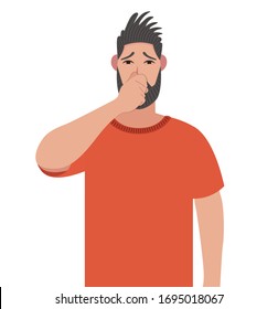 Bearded man holding fingers on nose. Trendy bearded person covering breath with hand for bad smell. Hipster smelling something stinky and odor. Vector illustration in cartoon style.