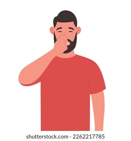 Bearded man holding fingers on nose. Vector illustration.