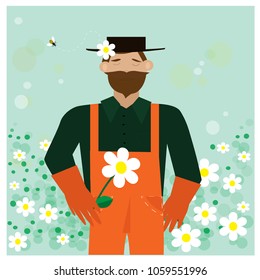 bearded man holding flower