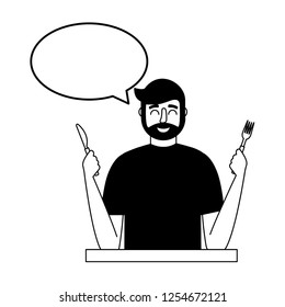bearded man holding fork and knife