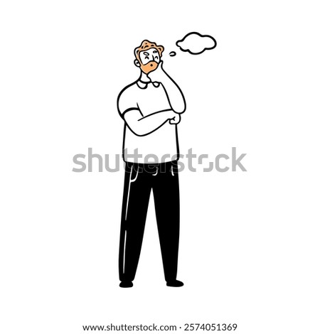 Bearded man holding hand on chin thinking on problem solution. Vector flat cartoon character, isolated male personage with thought bubble doodle. Brainstorming or solving issues at work