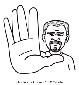 a bearded man holding his hand up. stop, racism, stop, hand, poc, outline, comic, illustration.