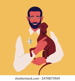 A bearded man holding an Italian greyhound puppy. Happy dog breeding. Veterinary. Vector illustration in flat style