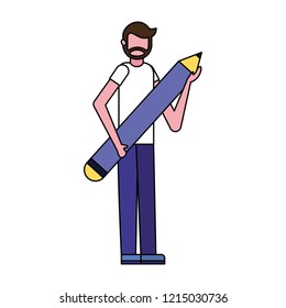 bearded man holding pencil supply