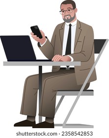 bearded man holding a phone working on laptop

