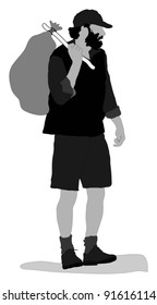 Bearded man holding a sack