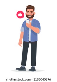 Bearded man is holding a smartphone in his hand. Communication in the network, dating sites and social networks. Addiction on gadgets. Vector illustration in cartoon style