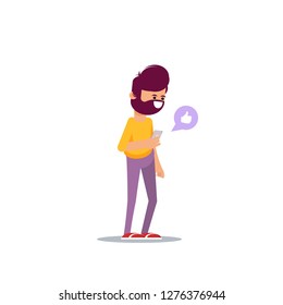 Bearded man is holding a smartphone in his hand. Communication in the network, dating sites and social networks.Vector illustration in cartoon style