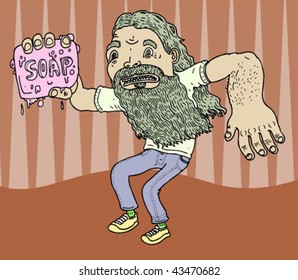 Bearded Man Holding Soap - Vector Illustration