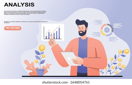 Bearded man holding tablet pointing graph chart  
