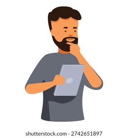 Bearded man holding tablet and thinking with finger on chin, making important decision or solving problem