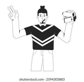 Bearded man holding vintage camcorder and making peace sign black and white 2D line character. Nostalgic video recording. Content creator isolated vector outline person. Monochrome spot illustration