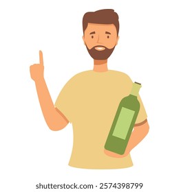 Bearded man is holding a wine bottle and pointing his finger up