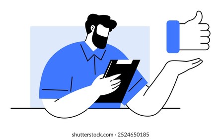 A bearded man holds a clipboard, gesturing towards a thumbs-up symbol. Ideal for team feedback, business approvals, professional reviews, client satisfaction, and positive evaluation. Minimalist