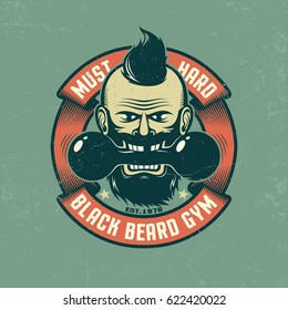 Bearded man holds in his mouth an old dumbbell. Grunge poster in retro colors. Shabby texture on separate layers and can be easily disabled.