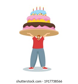 A bearded man holds a huge three-tiered cake with burning candles over his head. Cartoon style. Holiday vector illustration. 